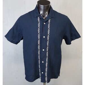 Mens FOLK Shirt Button Front Blue Geometric Embroided Size XL Cotton Linen